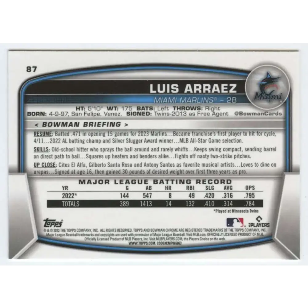 2023 Bowman Chrome #87 Luis Arraez NM-MT Miami Marlins Baseball Card - Baseball Card Single