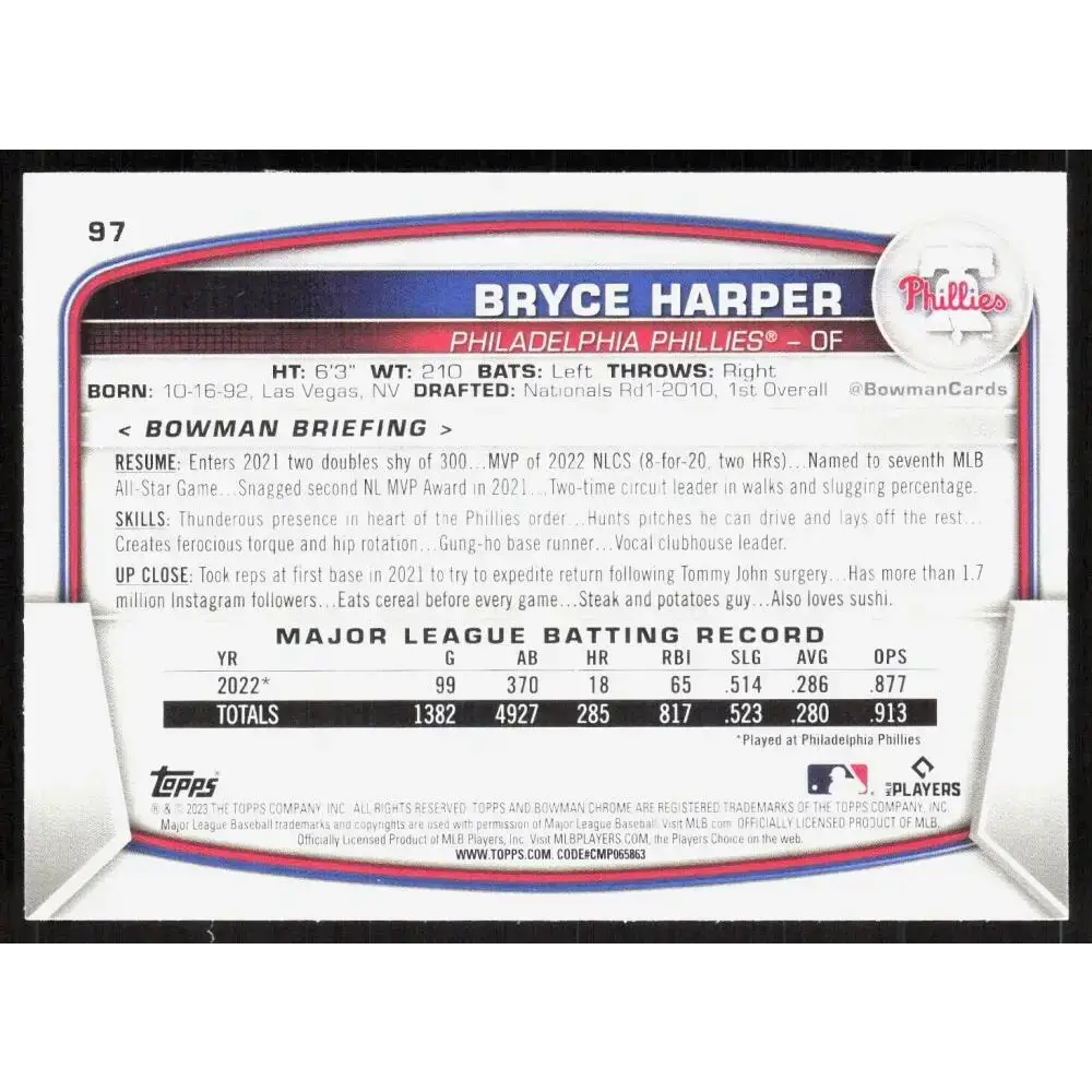 2023 Bowman Chrome #97 Bryce Harper NM-MT Philadelphia Phillies Baseball Card - Baseball Card Single