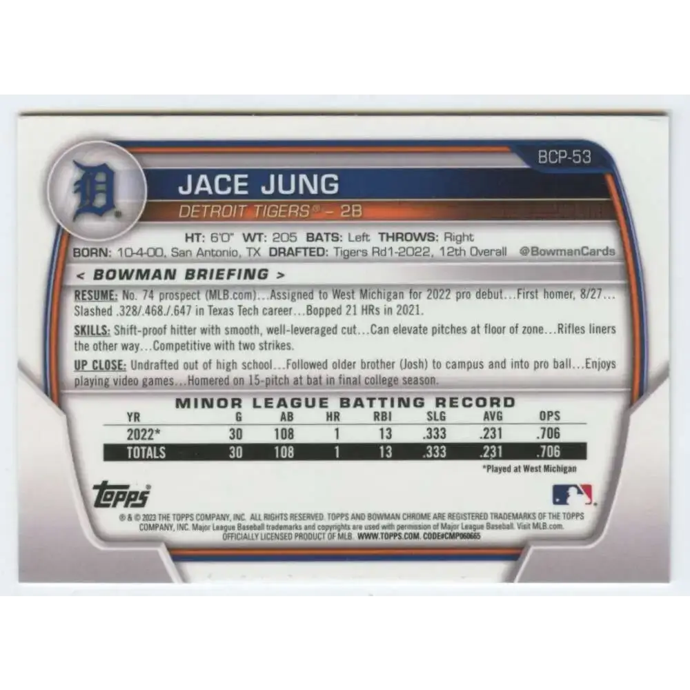 2023 Bowman Chrome Prospects #BCP-53 Jace Jung NM-MT Detroit Tigers Baseball Card - Baseball Card Single