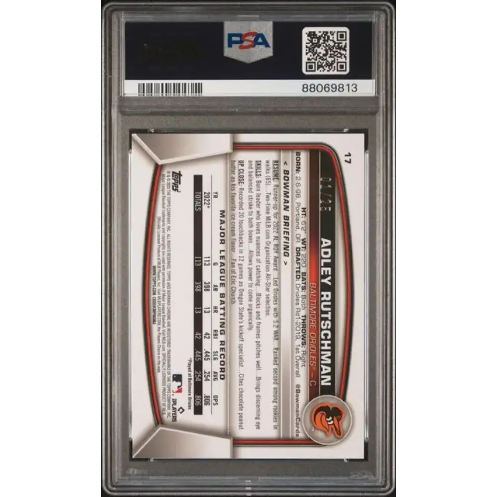 2023 Bowman Chrome Refractor Orange #17 Adley Rutschman PSA 10 GEM MINT RC Rookie 1/25 Baltimore Orioles Baseball Card
