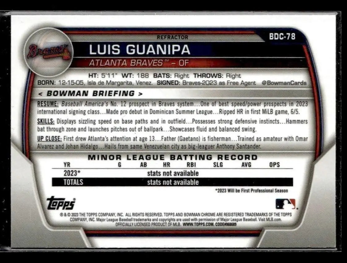 2023 Bowman Draft #BDC-78 Luis Guanipa Chrome Refractor - Baseball Card Single