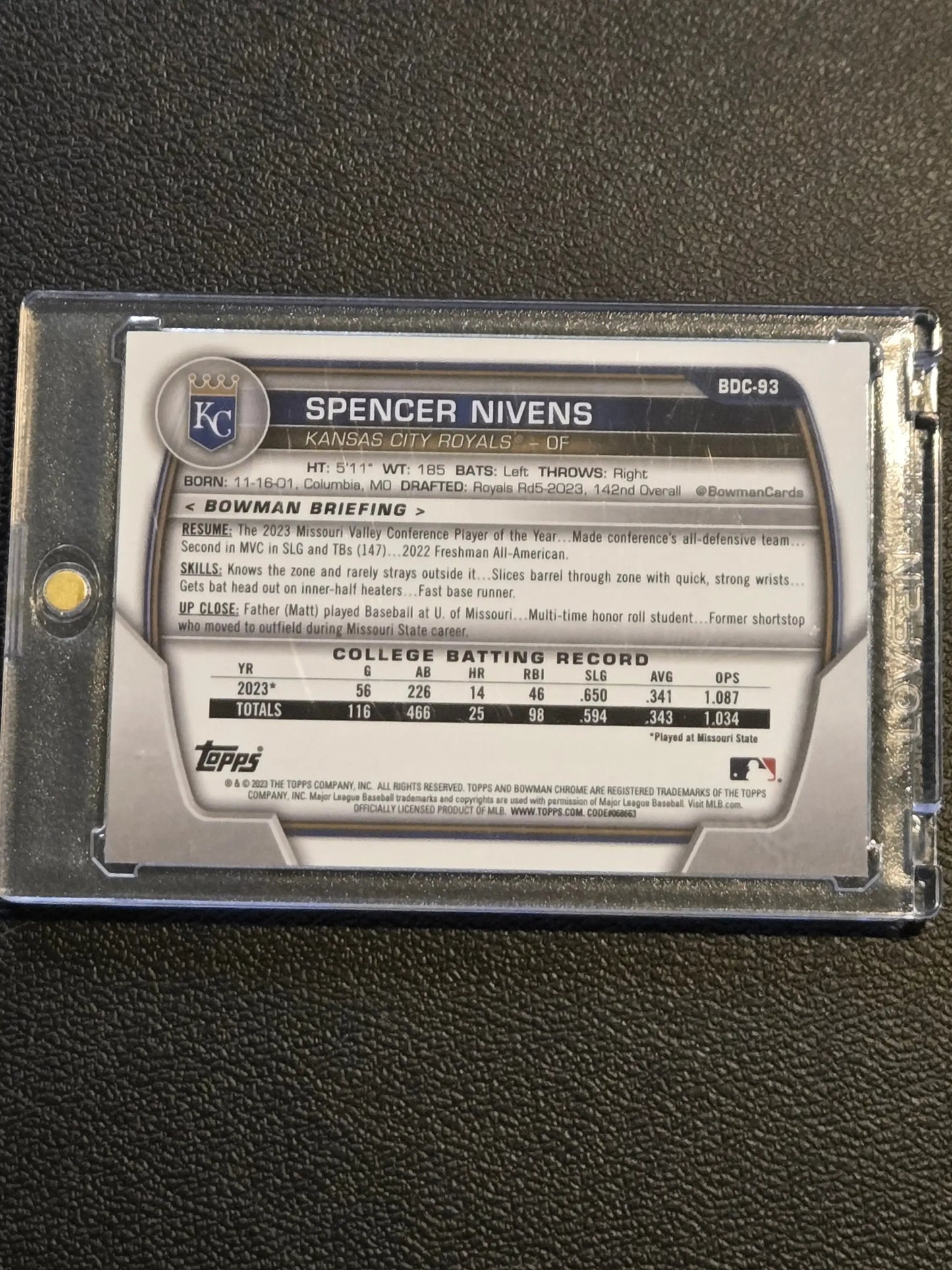 2023 Bowman Draft #BDC-93 Spencer Nivens Chrome Sparkle Refractor - Baseball Card Single