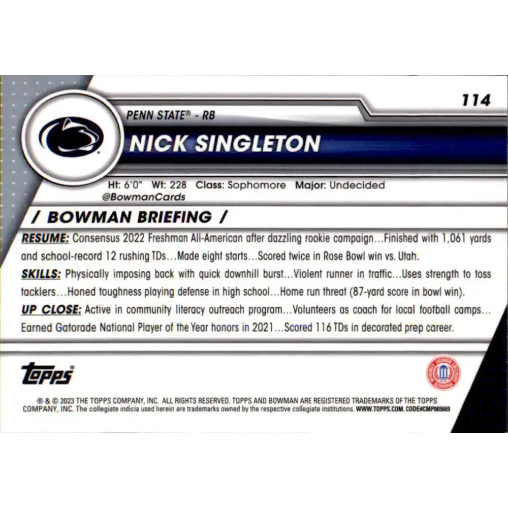2023 Bowman University Chrome #114 Nick Singleton NM-MT Penn State Nittany Lions Football Card - Football Card Single