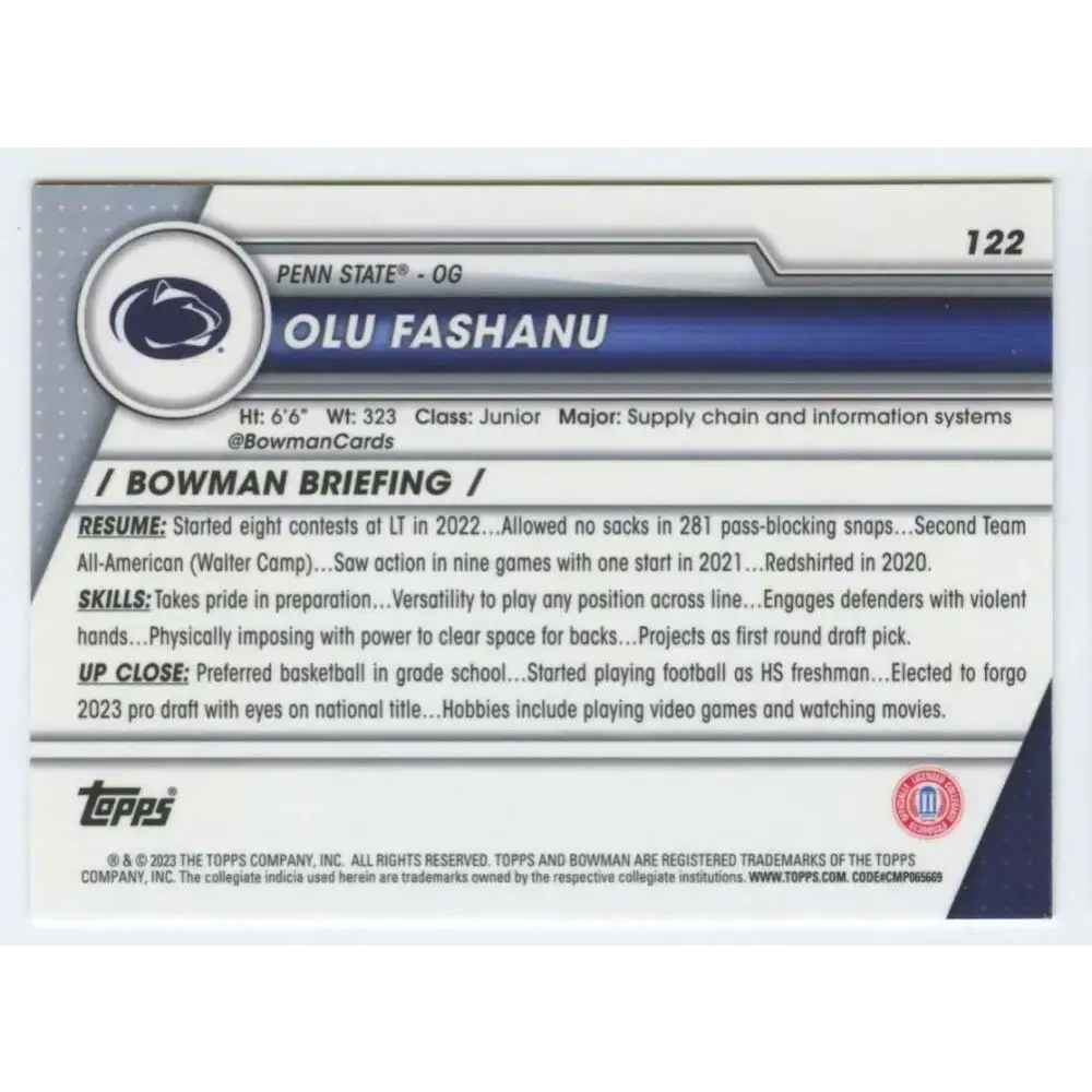 2023 Bowman University Chrome #122 Olu Fashanu NM-MT Penn State Nittany Lions Football Card - Football Card Single