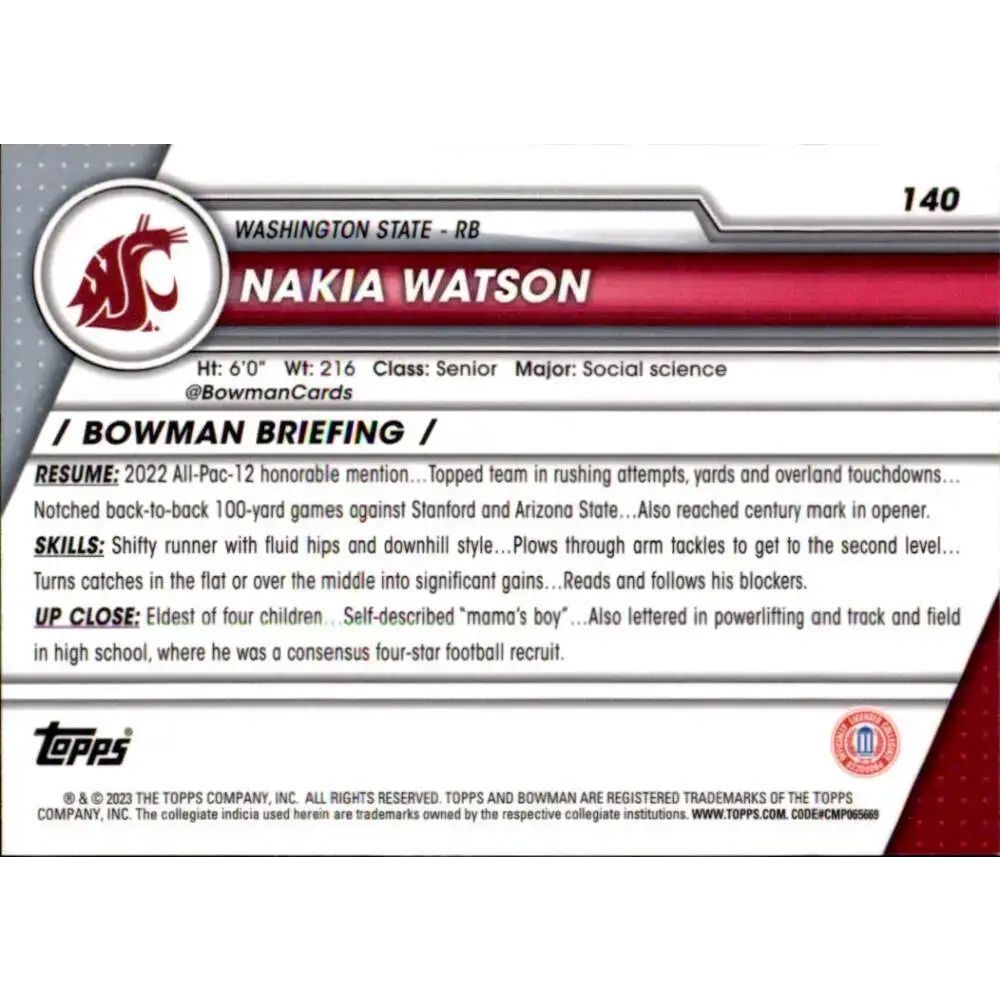 2023 Bowman University Chrome #140 Nakia Watson NM-MT Washington State Cougars Football Card - Football Card Single