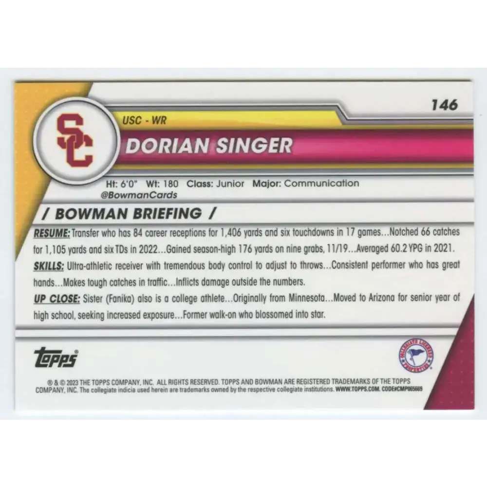 2023 Bowman University Chrome #146 Dorian Singer NM-MT USC Trojans Football Card - Football Card Single