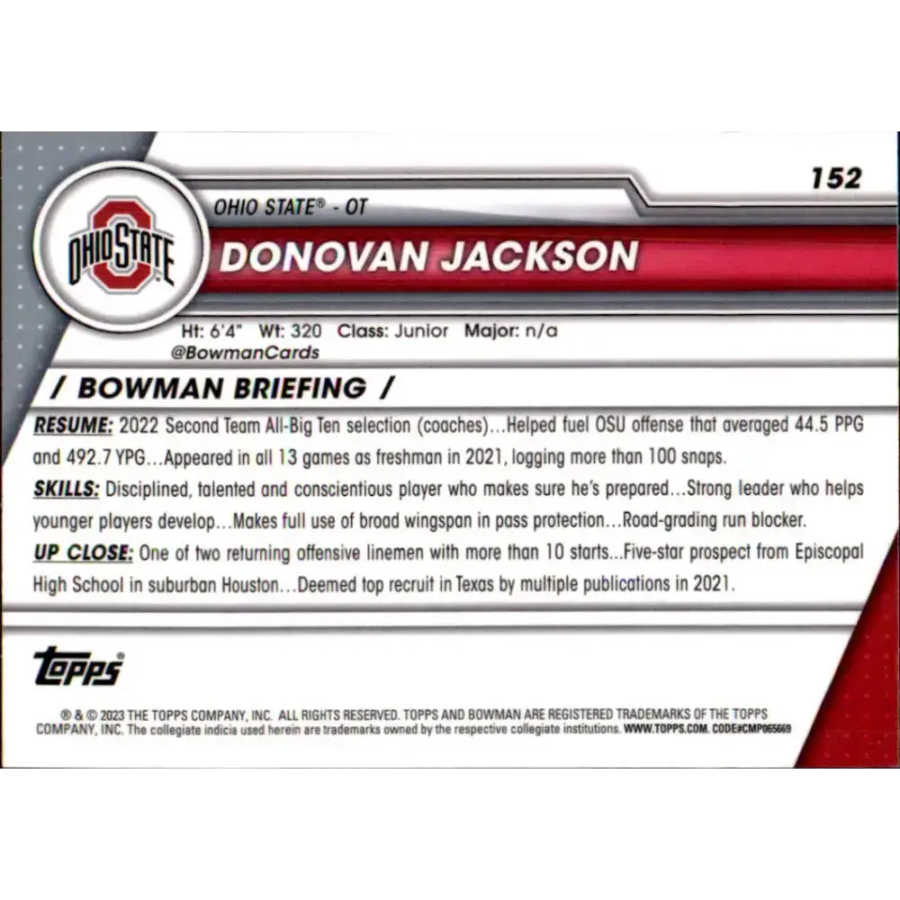 2023 Bowman University Chrome #152 Donovan Jackson NM-MT Ohio State Buckeyes Football Card - Football Card Single