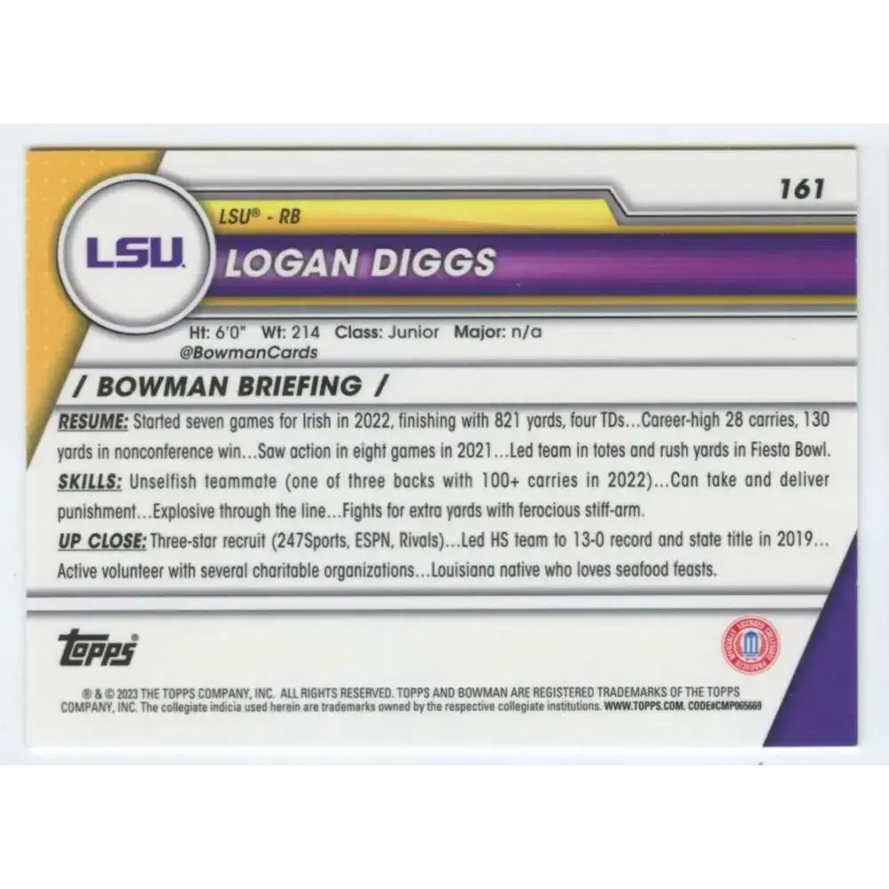 2023 Bowman University Chrome #161 Logan Diggs NM-MT LSU Tigers Football Card - Football Card Single