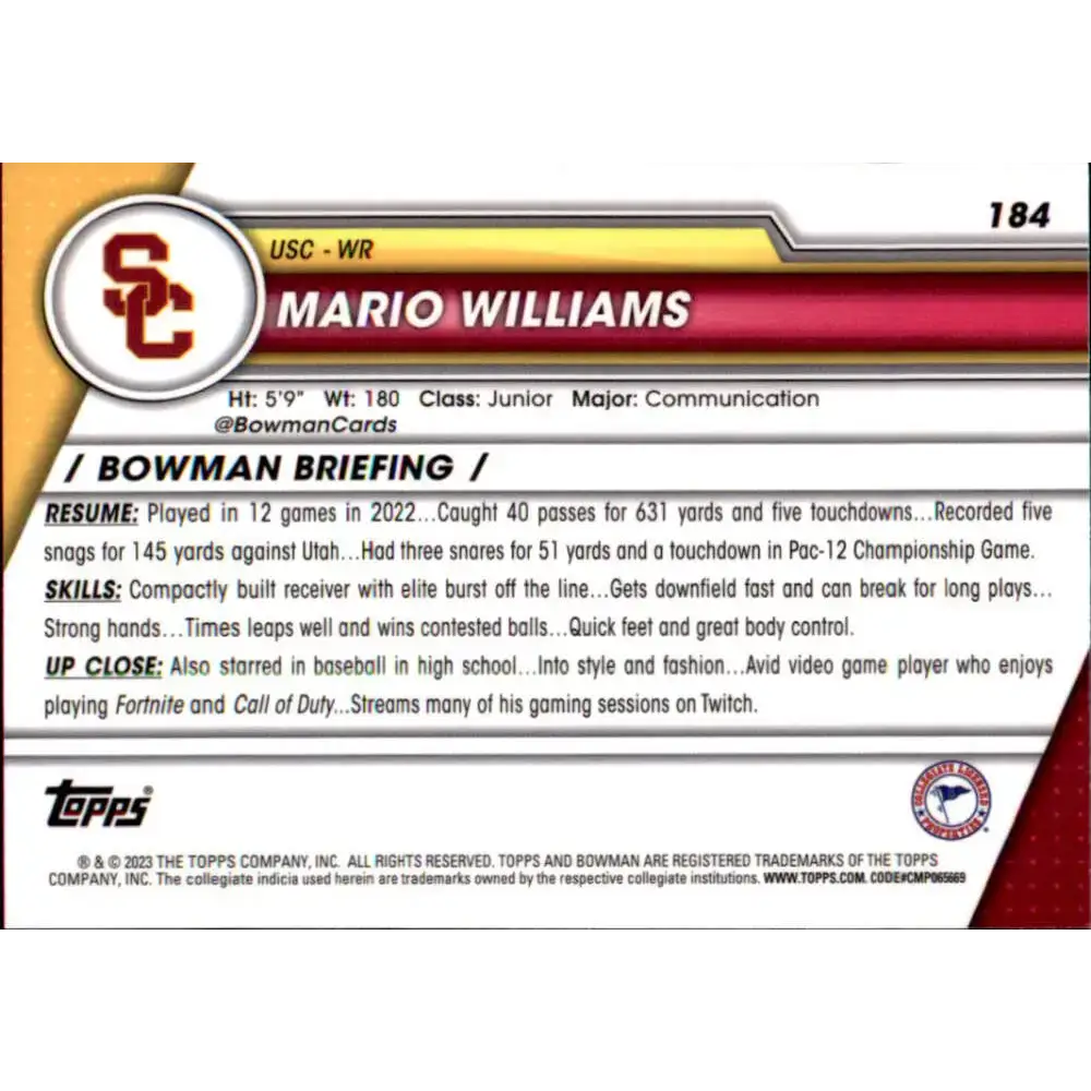 2023 Bowman University Chrome #184 Mario Williams NM-MT USC Trojans Football Card - Football Card Single