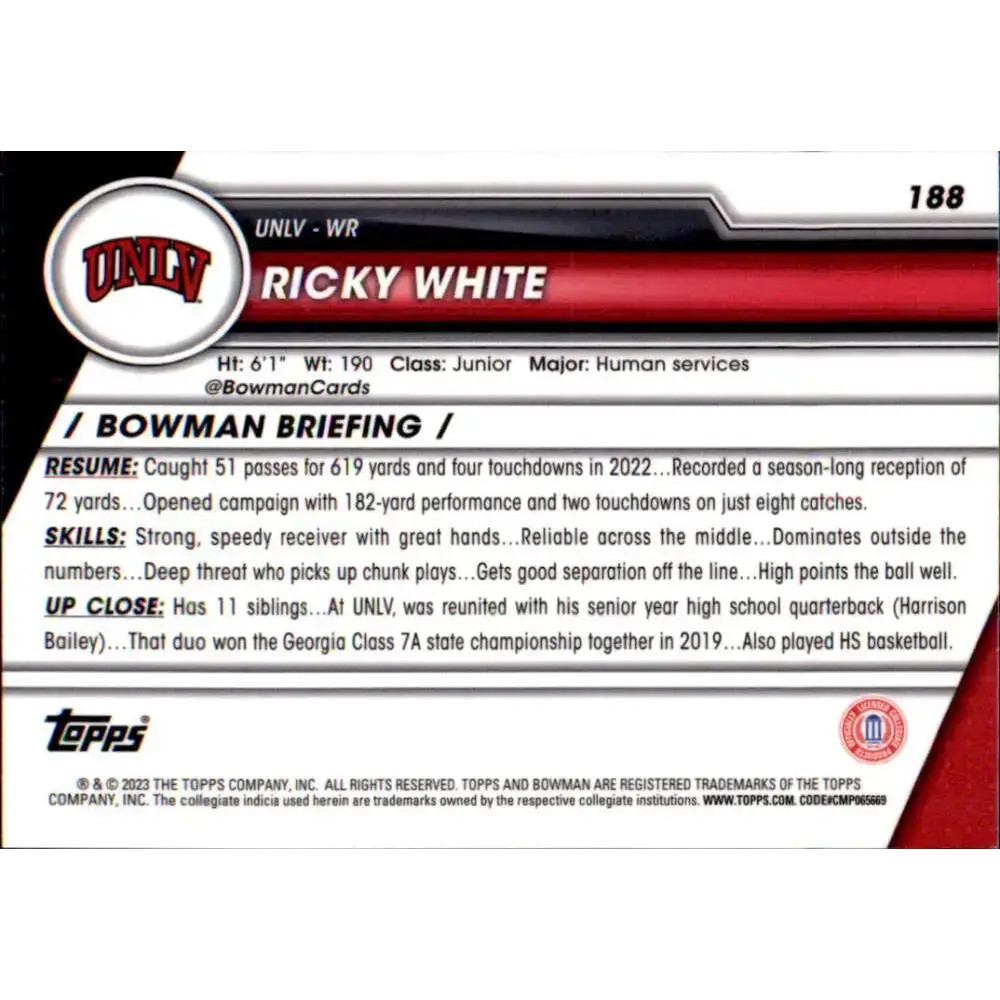 2023 Bowman University Chrome #188 Ricky White NM-MT UNLV Rebels Football Card - Football Card Single