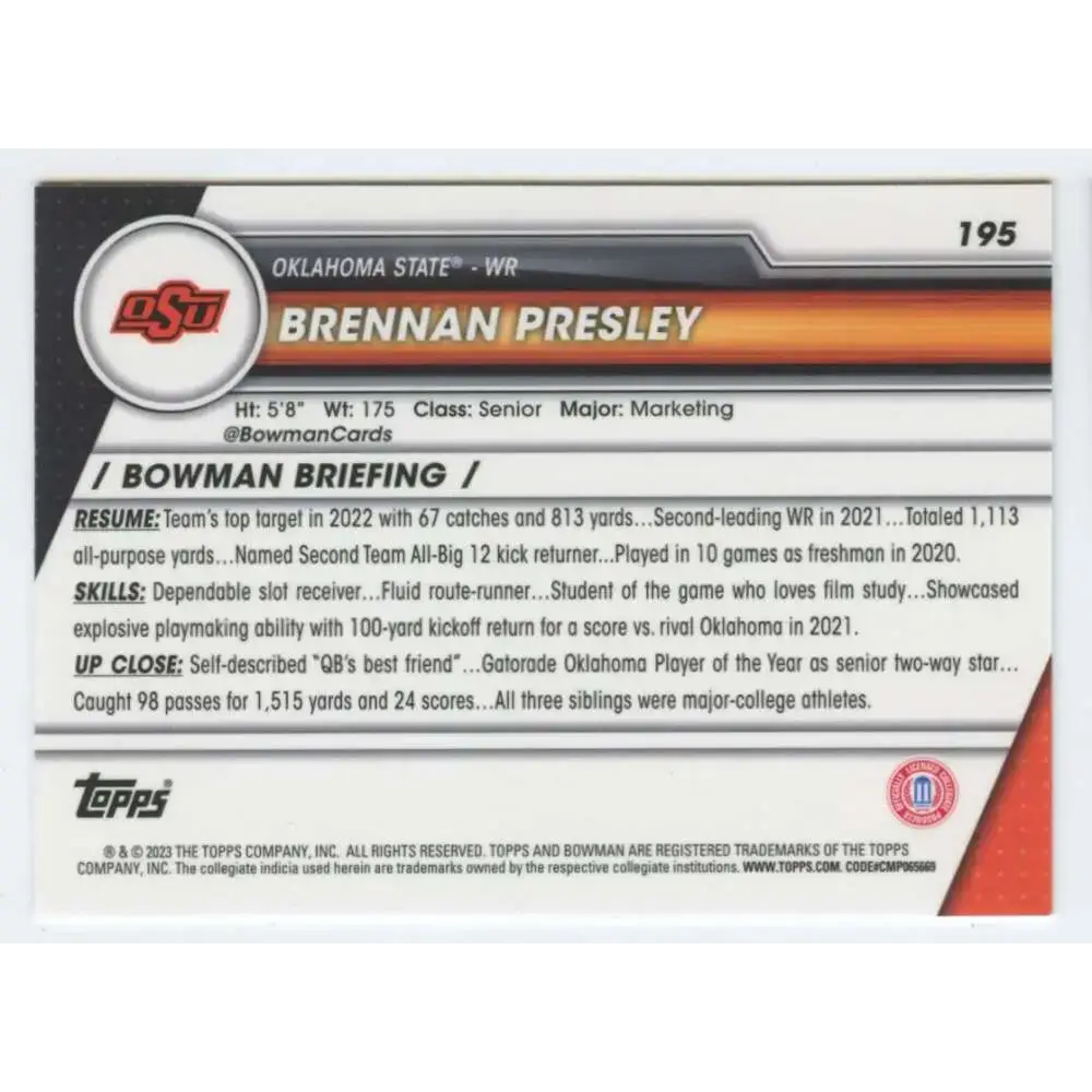 2023 Bowman University Chrome #195 Brennan Presley NM-MT Oklahoma State Cowboys Football Card - Football Card Single