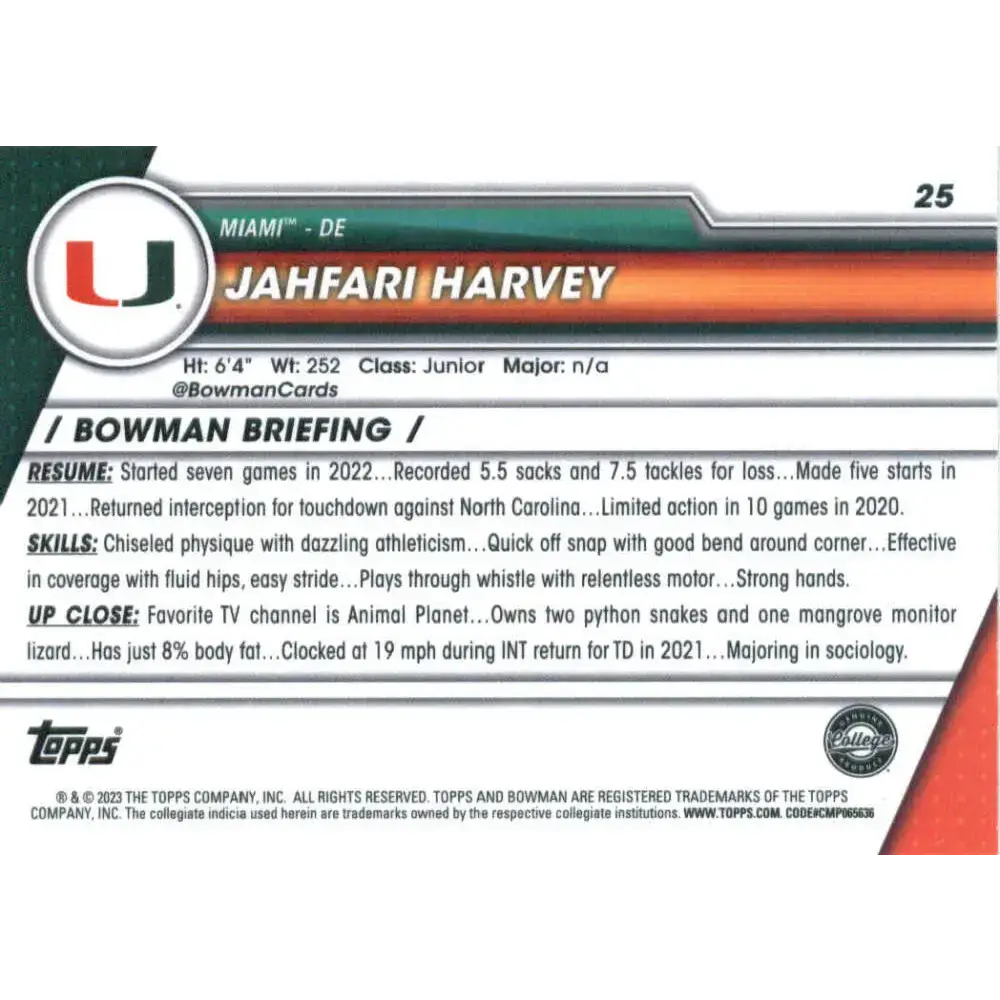 2023 Bowman University Chrome #25 Jahfari Harvey NM-MT Miami Hurricanes Football Card - Football Card Single