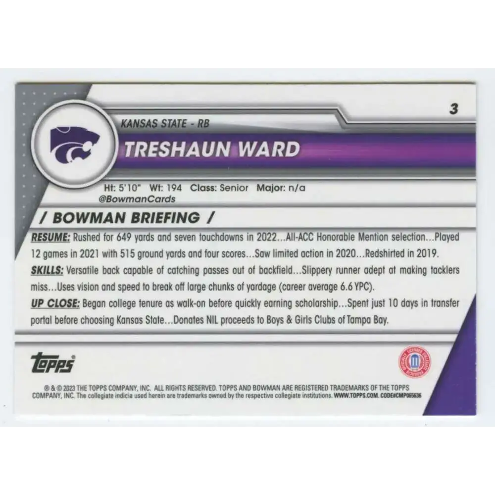 2023 Bowman University Chrome #3 Treshaun Ward NM-MT Kansas State Wildcats Football Card - Football Card Single