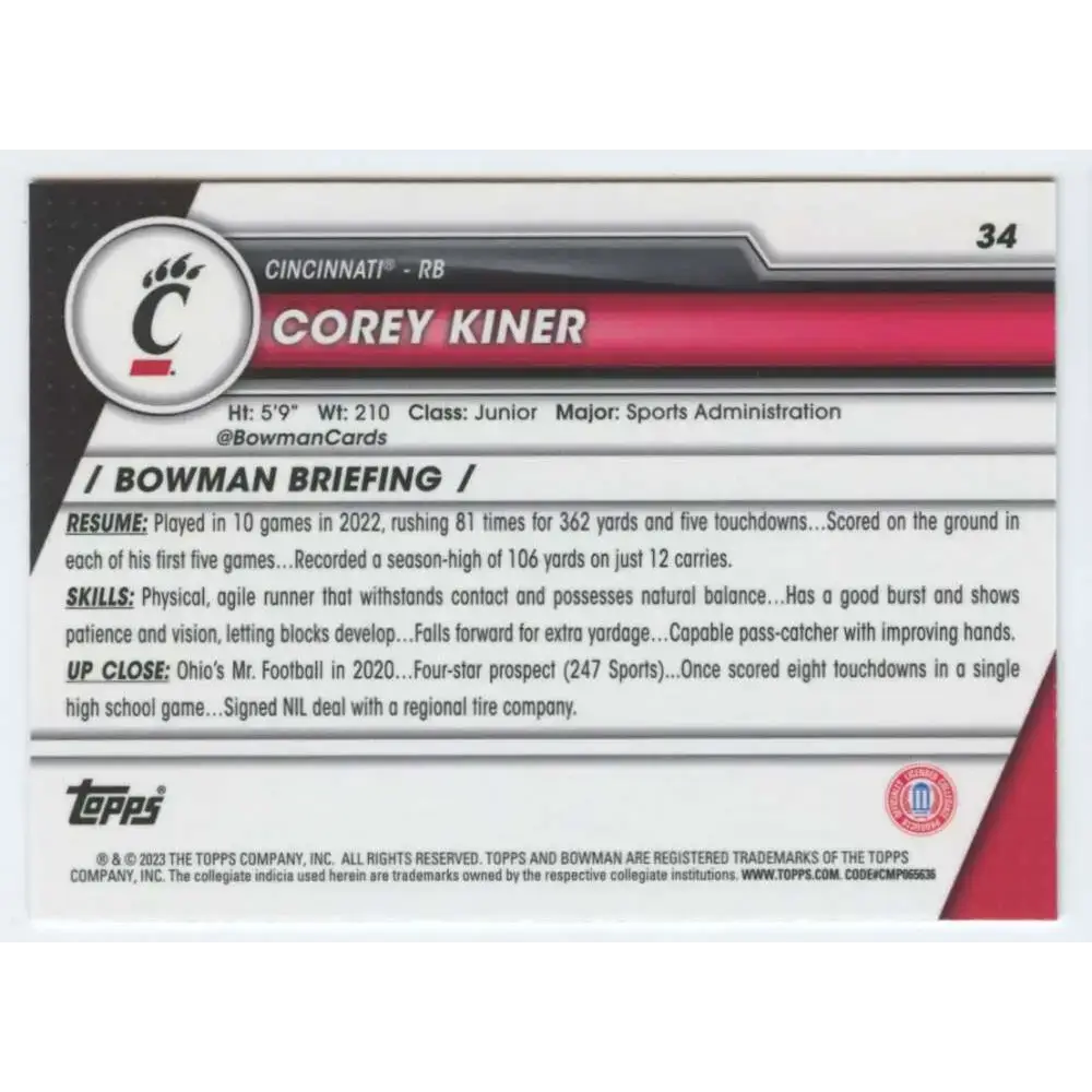 2023 Bowman University Chrome #34 Corey Kiner NM-MT Cincinnati Bearcats Football Card - Football Card Single