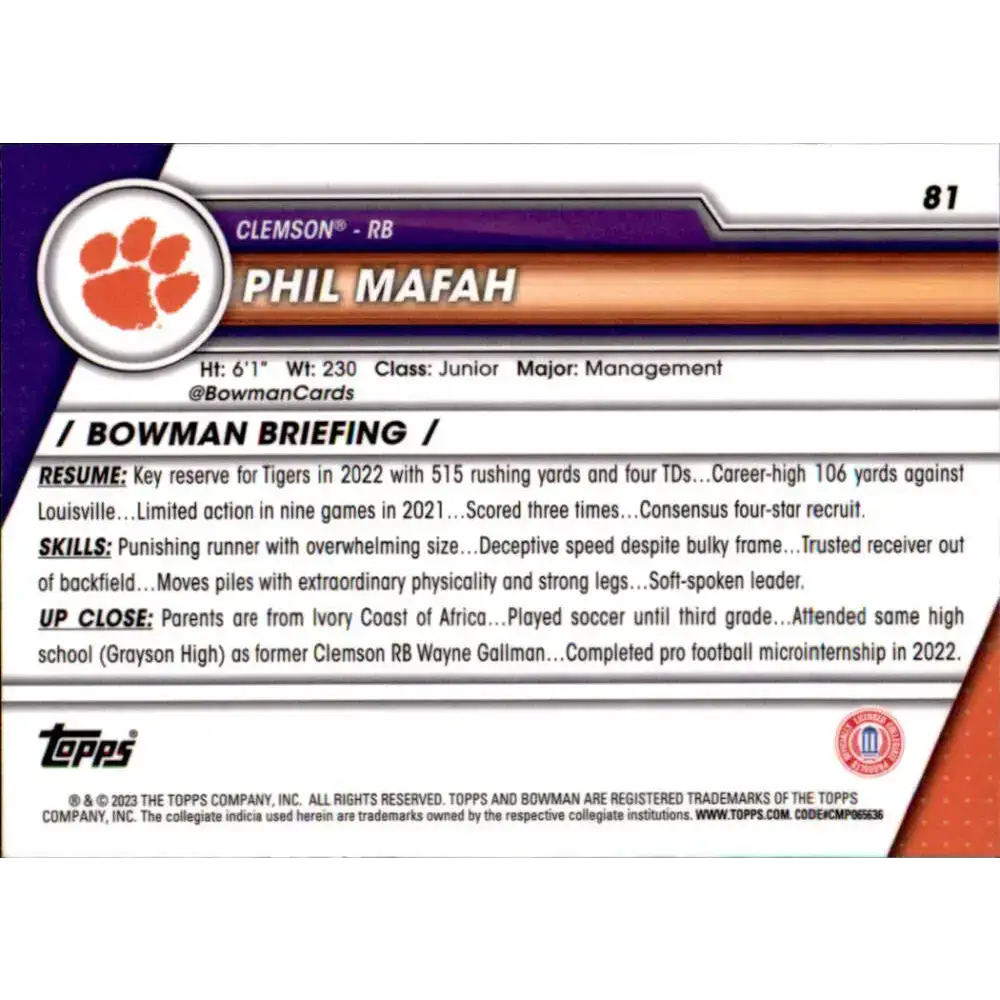 2023 Bowman University Chrome #81 Phil Mafah NM-MT Clemson Tigers Football Card - Football Card Single