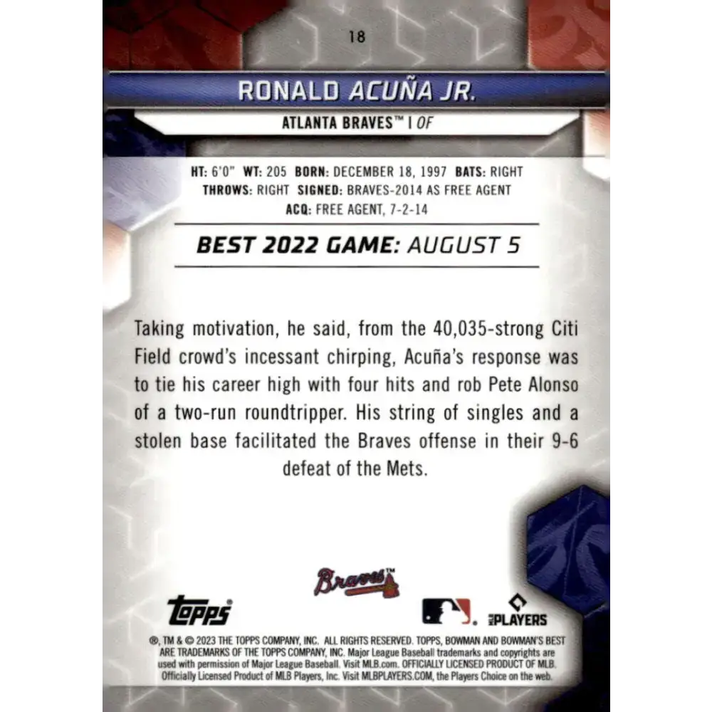 2023 Bowman’s Best #18 Ronald Acuna Jr. NM-MT Atlanta Braves Baseball Card - Baseball Card Single