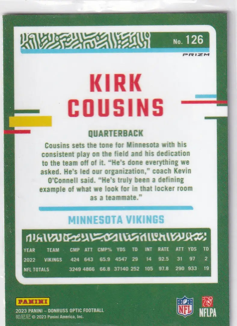 2023 DONRUSS OPTIC #126 KIRK COUSINS SILVER- MINNESOTA VIKINGS - Football Card Single
