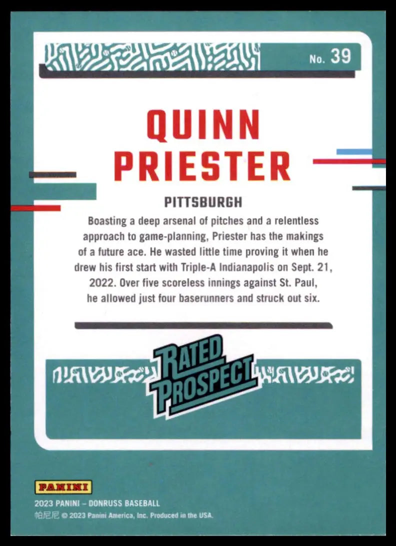 2023 Donruss Quinn Priester 39 Pittsburgh Pirates Baseball NM - Baseball Card Single