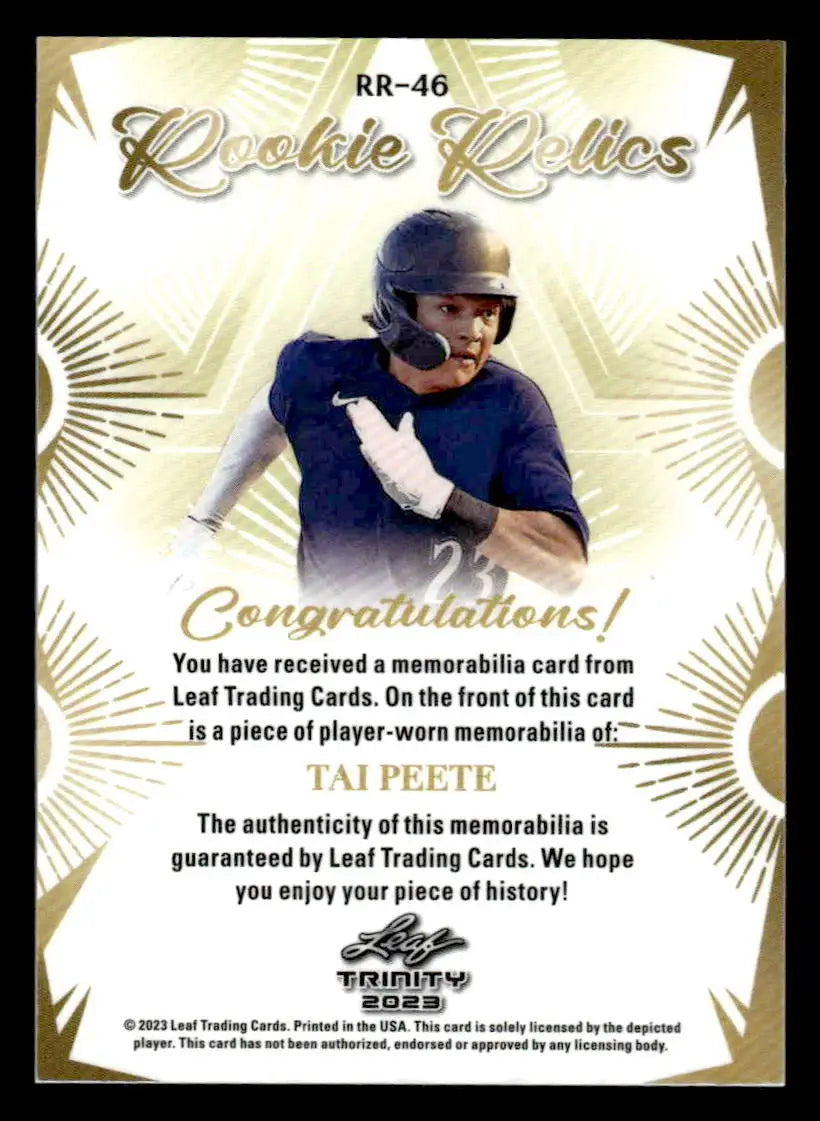 2023 Leaf Trinity #RR-46 Tai Peete Rookie Relics - Baseball Card Single