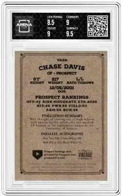 Graded Oynx Chase Davis baseball card with VADA Auto Blue from 2023 Arena Club