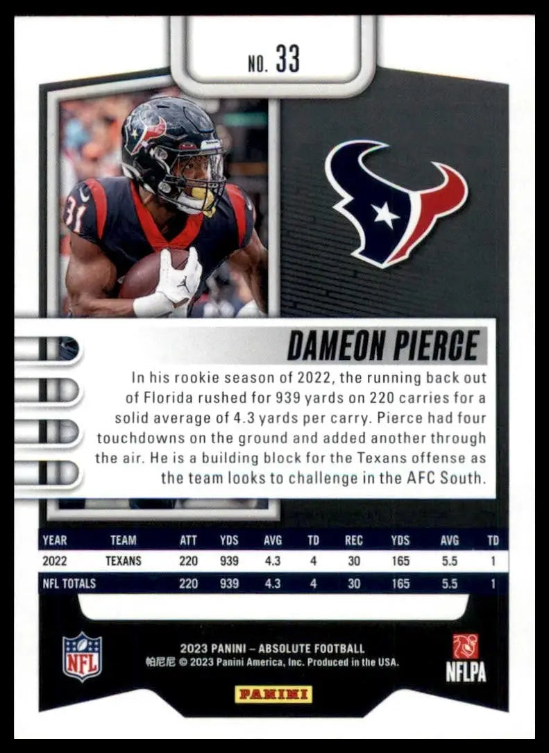 2023 Panini Absolute Dameon Pierce #33 Houston Texans Football Card NFL Sports - Football Card Single