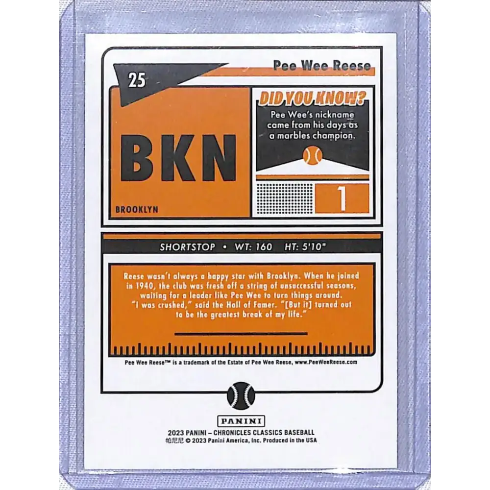 2023 Panini Chronicles Classics #25 Pee Wee Reese NM-MT Brooklyn Dodgers - Baseball Card Single