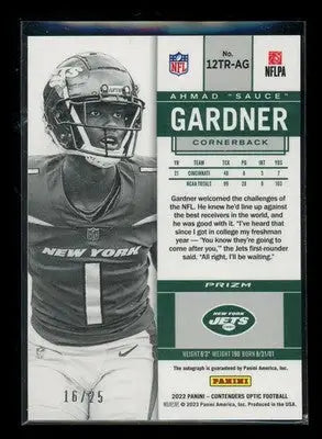 2023 Panini Contenders Optic Prizm Ahmad ’Sauce’ Gardner #12TR-AG Rookie Ticket - Football Card Single