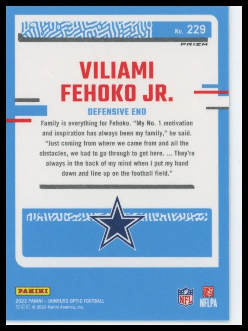 2023 Panini Donruss Optic Holo Rookie Viliami Fehoko Jr #229 Dallas Cowboys Card - Football Card Single