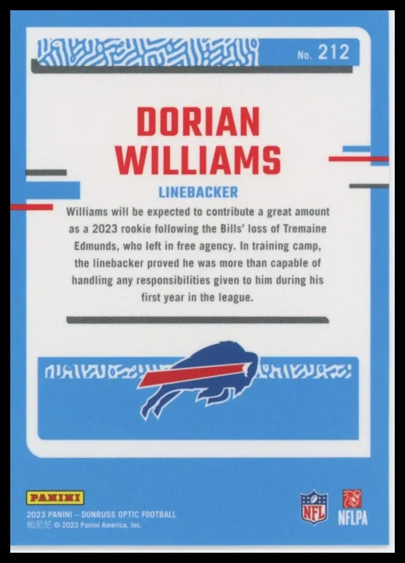 2023 Panini Donruss Optic Rookie Dorian Williams #212 Buffalo Bills Football NFL - Football Card Single