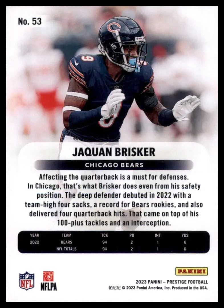 2023 Panini Prestige Jaquan Brisker #53 Chicago Bears Football Card NFL Sports - Football Card Single