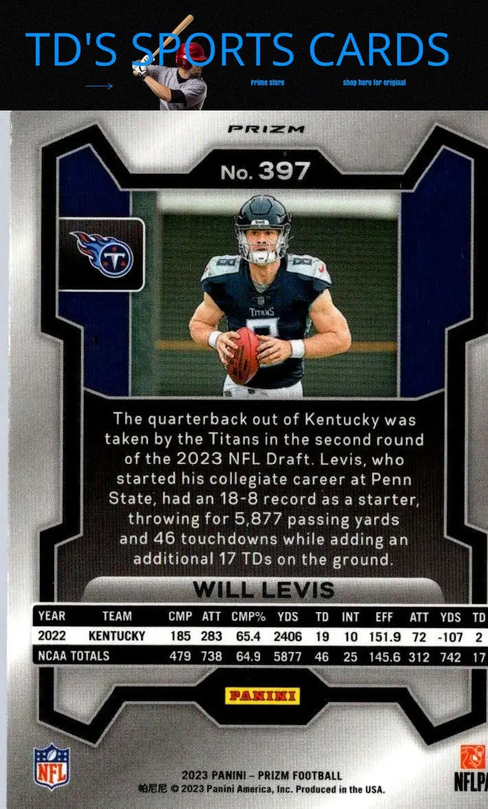 Will Levis football card from 2023 Panini Prizm trading cards collection