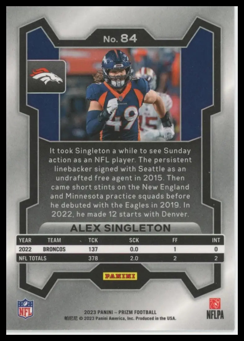 2023 Panini Prizm Alex Singleton 84 Denver Broncos - Football Card Single