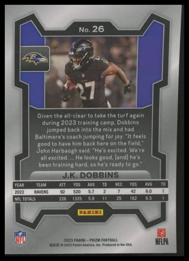 2023 Panini Prizm JK Dobbins #26 Baltimore Ravens Football Card NFL Sport - Football Card Single