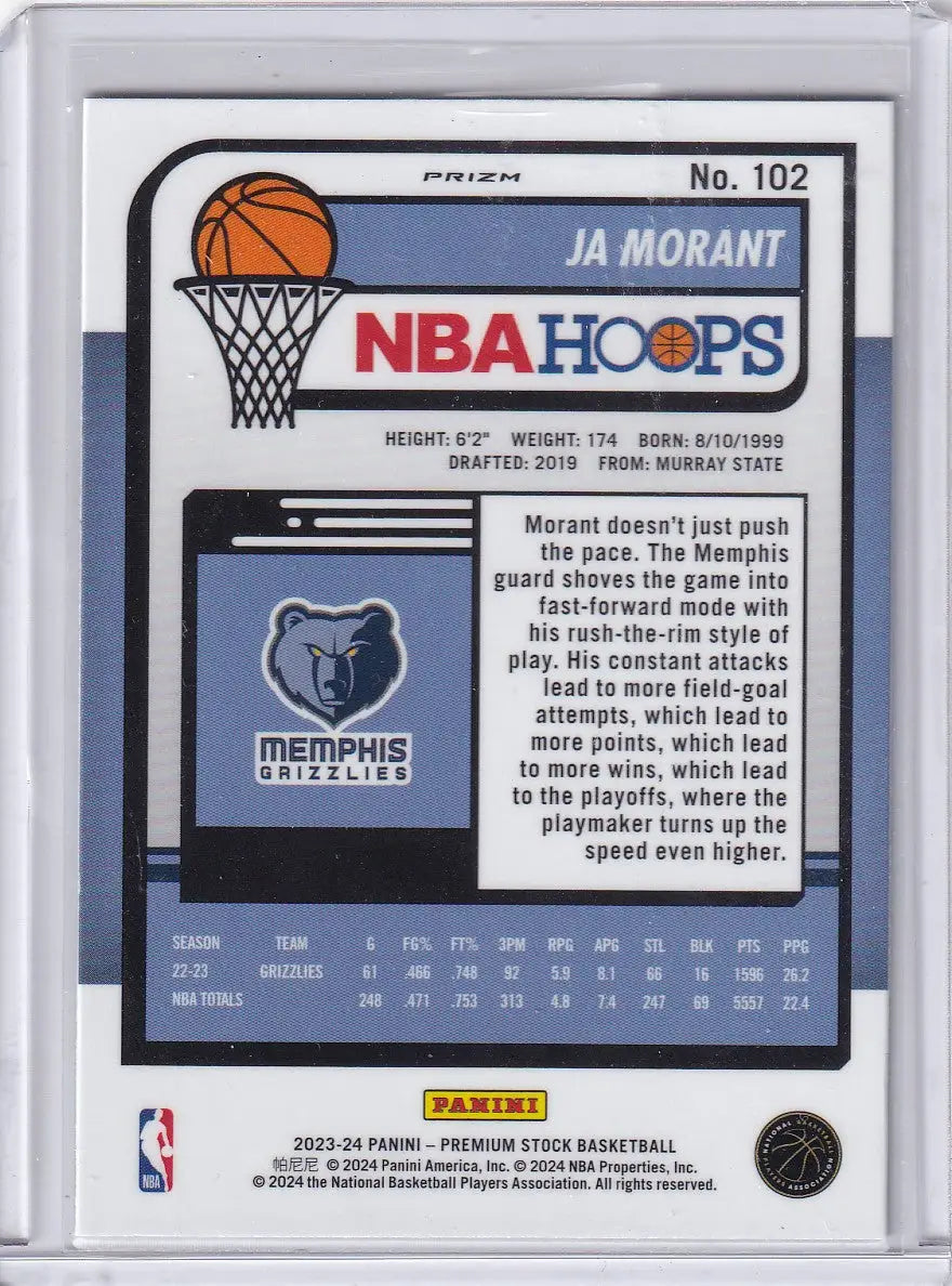 2023 PREMIUM STOCK #102 JA MORANT SILVER- MEMPHIS GRIZZLIES - Basketball Card Single