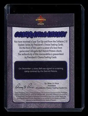 2023 President’s Choice Solitaire 2.0 Update Lace ’Em Up LiAngelo Ball 1/1 Lace - Sports Memorabilia