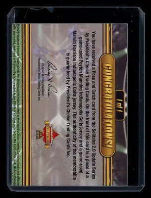 2023 President’s Choice Solitaire Pass & Catch Harrison Manning Dual Mem 1 of 1 - Sports Memorabilia