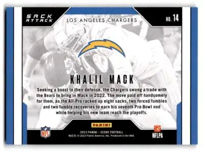 2023 Score #14 Khalil Mack Sack Attack - Football Card Single