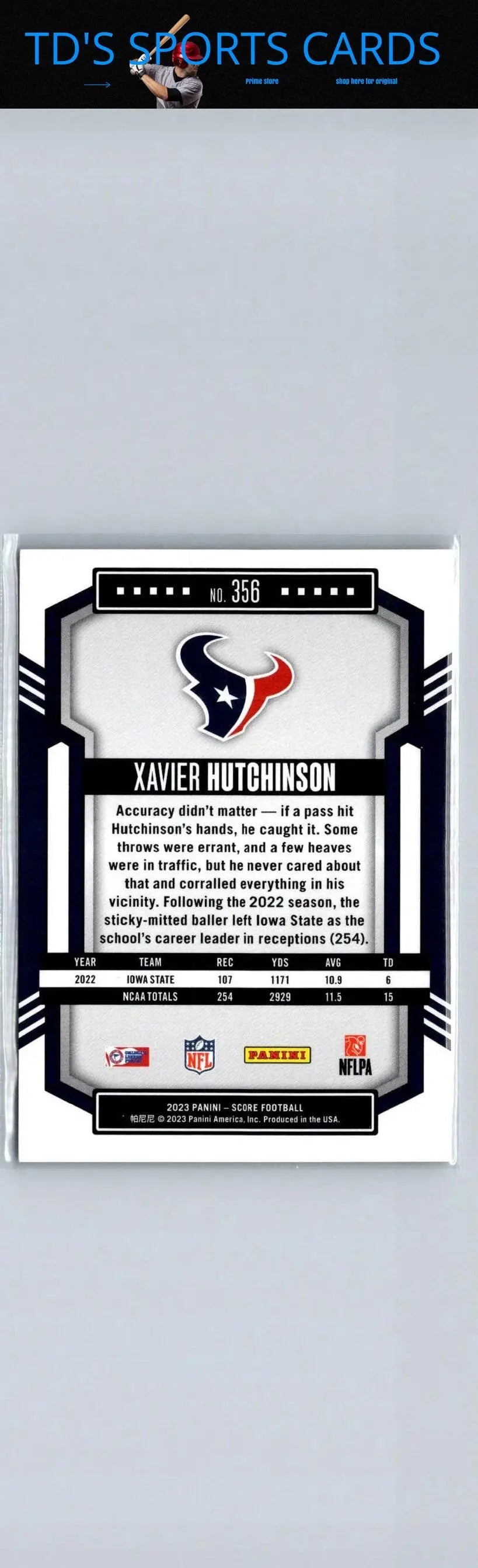 Xavier Hutchinson football card from the 2023 Score #356 trading cards collection
