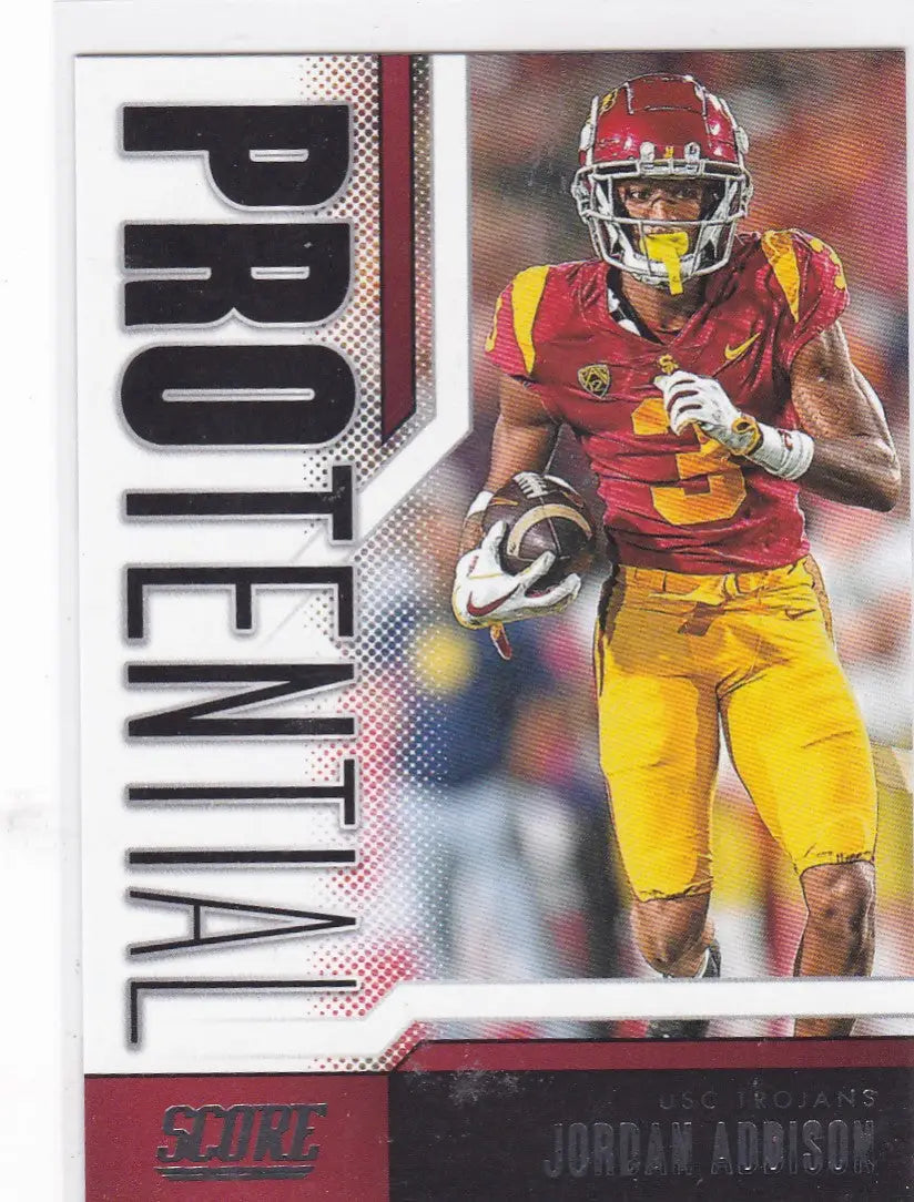 Football trading card of Jordan Addison Protential in USC Trojans uniform carrying ball