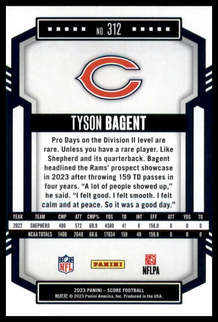 2023 Score Rookie Tyson Bagent #312 Chicago Bears Football Card NFL Sports - Football Card Single