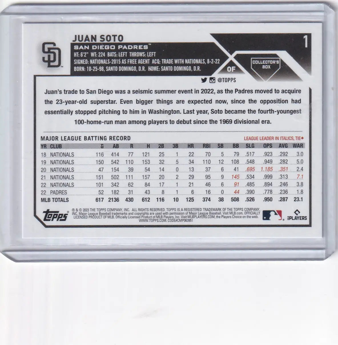 2023 TOPPS #1 JUAN SOTO FOIL BOARD- SAN DIEGO PADRES - Baseball Card Single