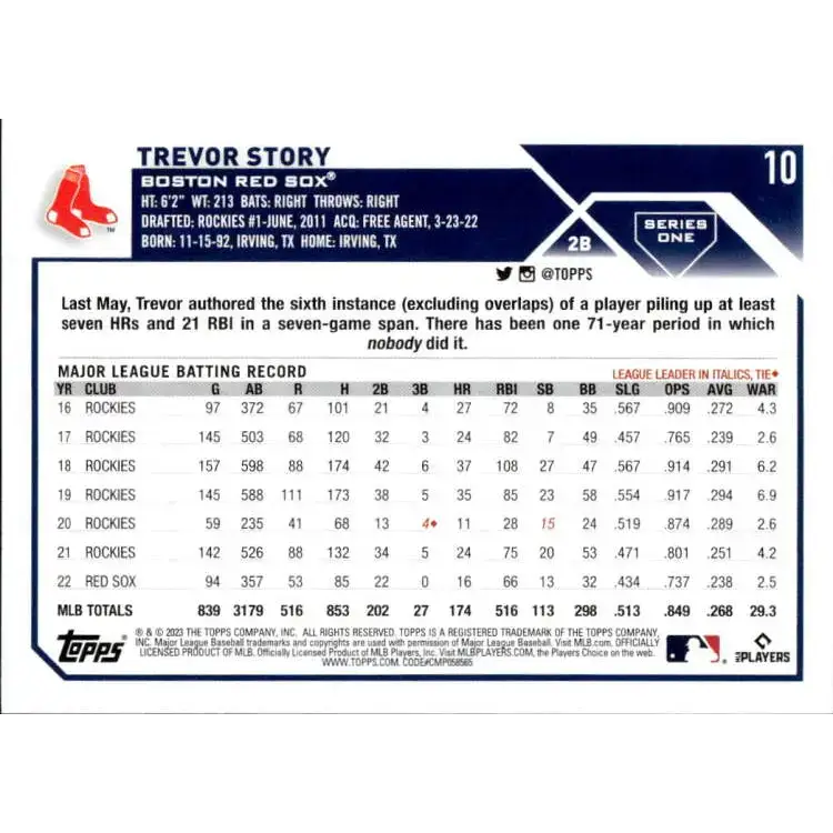 2023 Topps #10 Trevor Story NM-MT Boston Red Sox Baseball Card - Baseball Card Single