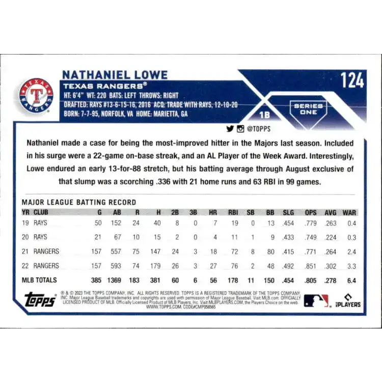 2023 Topps #124 Nathaniel Lowe NM-MT Texas Rangers Baseball Card - Baseball Card Single