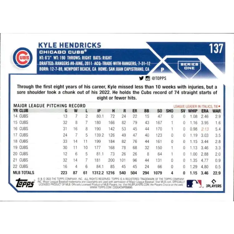 2023 Topps #137 Kyle Hendricks NM-MT Chicago Cubs Baseball Card - Baseball Card Single