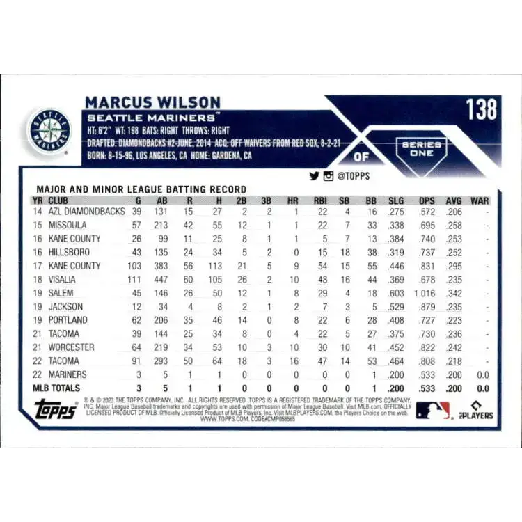 2023 Topps #138 Marcus Wilson NM-MT RC Rookie Seattle Mariners Baseball Card - Baseball Card Single