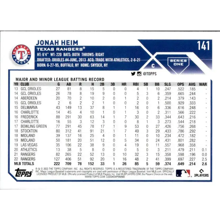 2023 Topps #141 Jonah Heim NM-MT Texas Rangers Baseball Card - Baseball Card Single