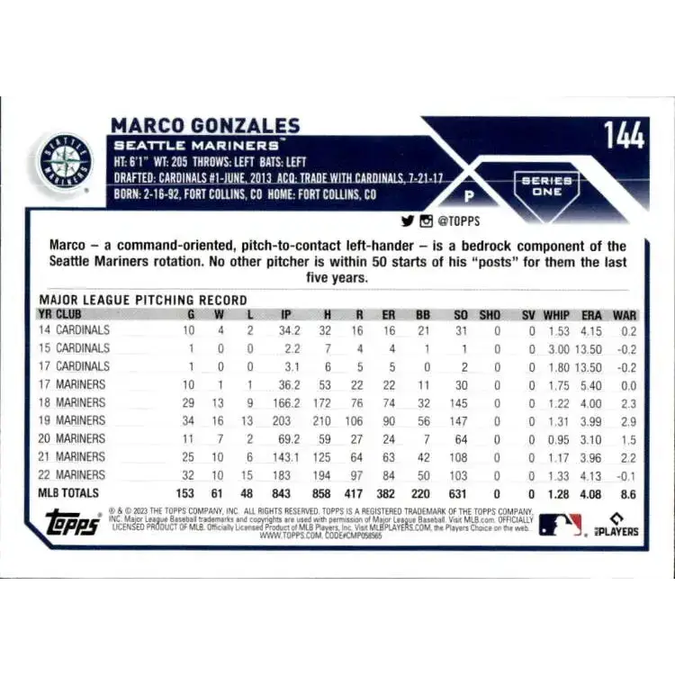 2023 Topps #144 Marco Gonzales NM-MT Seattle Mariners Baseball Card - Baseball Card Single