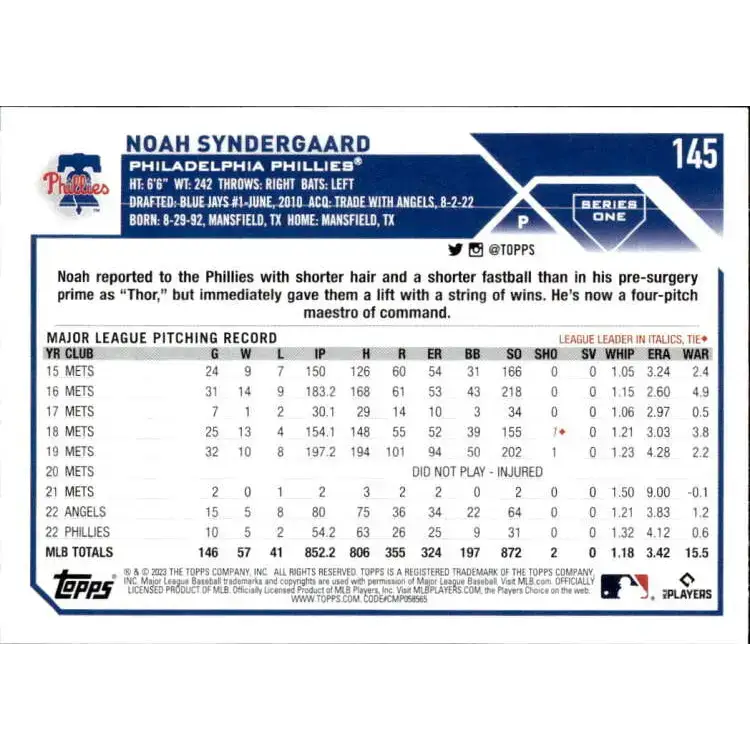2023 Topps #145 Noah Syndergaard NM-MT Philadelphia Phillies Baseball Card - Baseball Card Single
