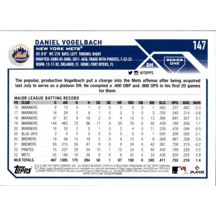 2023 Topps #147 Daniel Vogelbach NM-MT New York Mets Baseball Card - Baseball Card Single