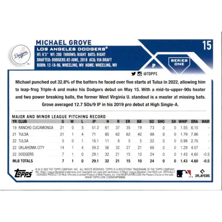 2023 Topps #15 Michael Grove NM-MT RC Rookie Los Angeles Dodgers Baseball Card - Baseball Card Single